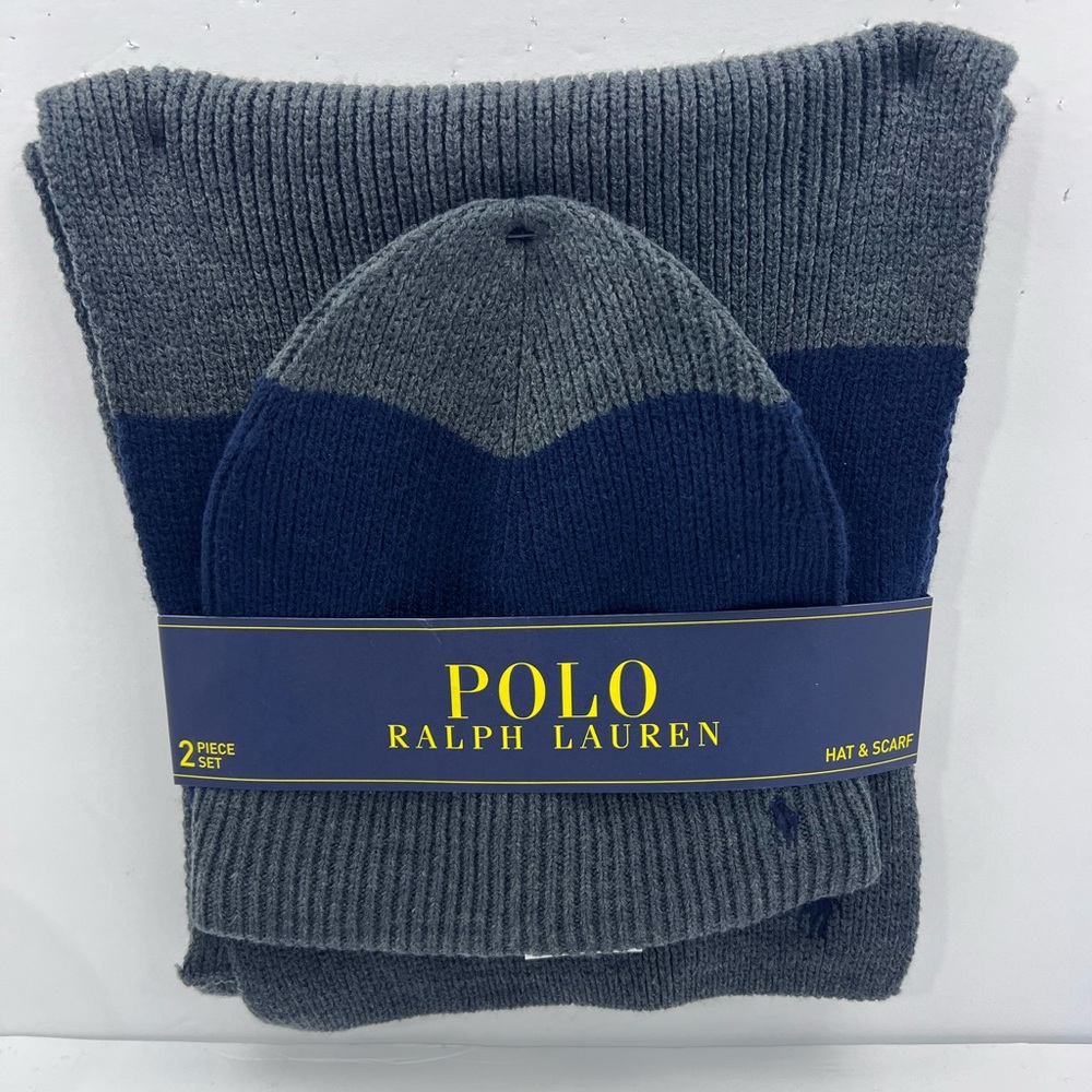 POLO RALPH LAUREN GREY AND NAVY BLUE BEANIE WITH MATCHING SCARF, UNISEX